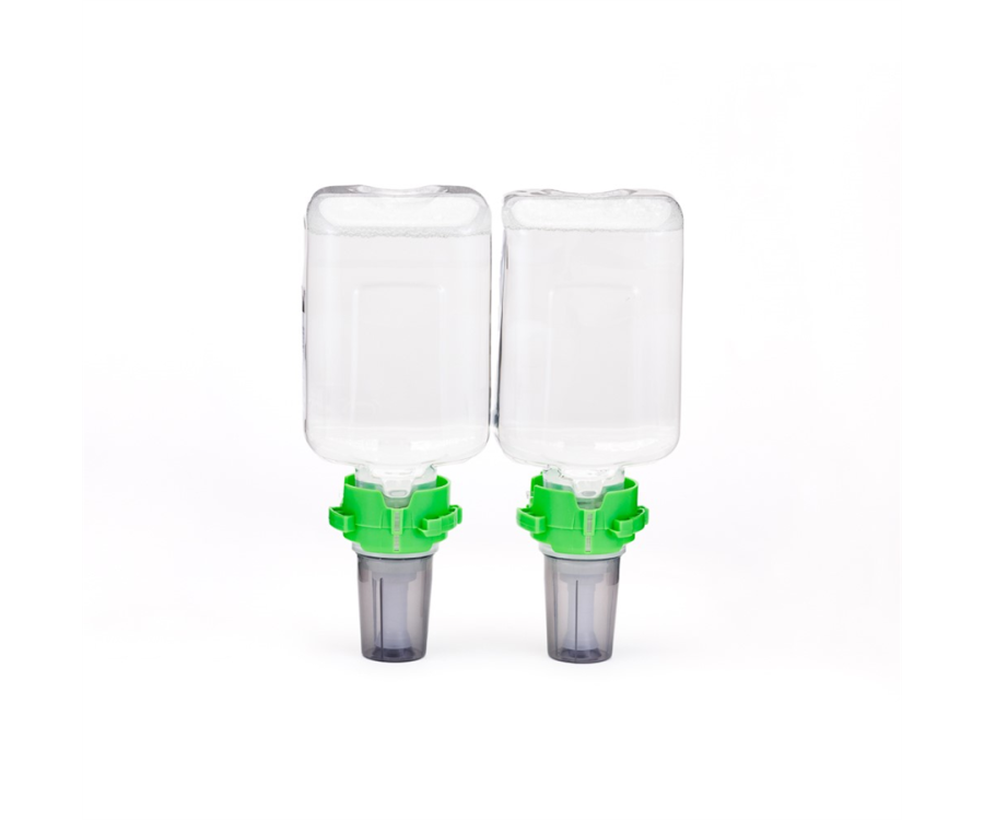 Two transparent rectangular containers with green caps and gray nozzles placed side by side on a white background. Reliable Brand® Clear Unscented Luxury Foam Slim Handwash (700 ml., 4 Bottles/CS)